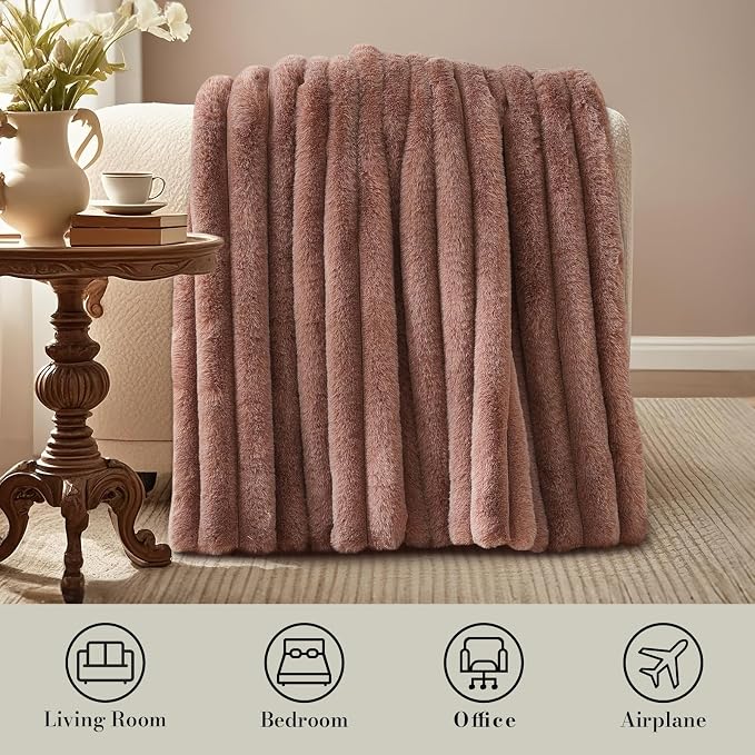 Faux Fur Throw Blanket for Couch, Ultra Cozy Fuzzy Fluffy Fur Luxurious Soft Striped Plush Gift Blankets for Family Sofa Chair Bedroom, 55"x70", Cationic Fox Pink Brown