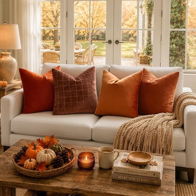 MIULEE Fall Burnt Orange Plaid Euro Throw Pillow Covers 24x24 Set of 2 | Vintage, Check Chenille Couch Pillows, Neutral Boho Farmhouse Cushion Covers, Modern Home Decor for Sofa Bed Living Room
