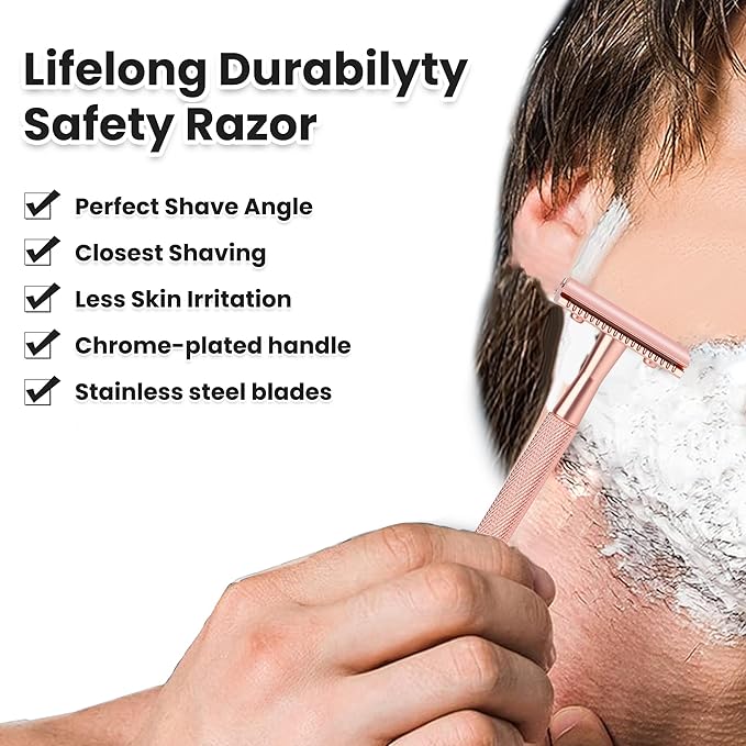 Keropy Single Blade Razor For Women With 10 Premium Stainless Steel Reusable Safety Razor Blade, Woman One Blade Razor, Rose Gold
