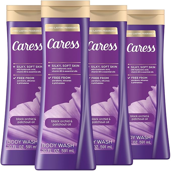 Caress Black Orchid & Patchouli Oil Body Wash, Hyaluronic Acid & Vitamin B3 for Moisturized, Silky Soft Skin, Long-Lasting Exotic Fragrance, 20 fl oz (4 Pack)