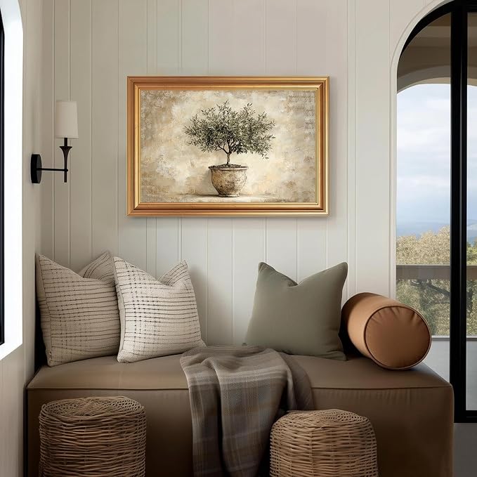 JLTULT Olive Tree Wall Art, Gold Framed Botanical Canvas, 16 x 24 Inches | Potted olive tree art on fade-resistant canvas with a ready-to-hang gold-tone PS frame for kitchens, dining rooms and offices