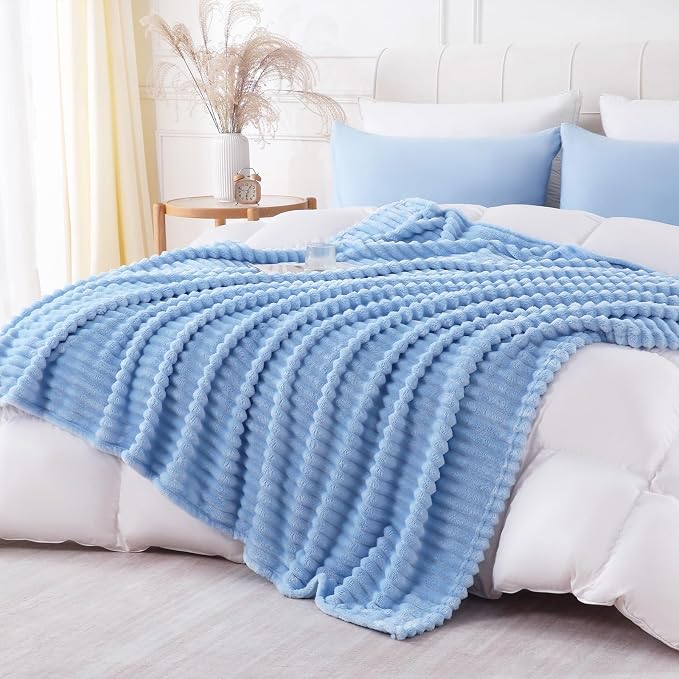 Light Blue Throw Blanket for Couch Sofa 90x90 inches Striped Design | Fleece Blankets Room Home Decor Lightweight Plush Soft Cozy Gifts for Women Mom