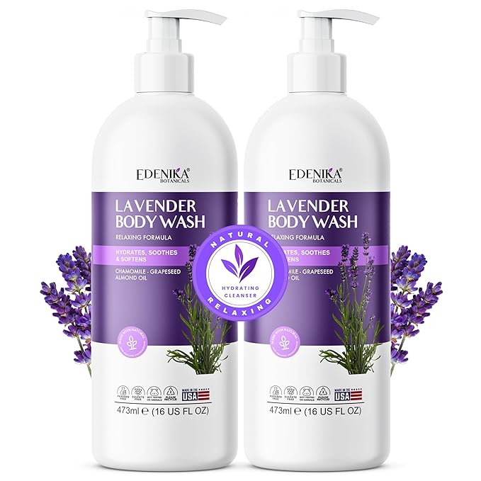 Edenika Lavender Body Wash with Vitamin E, Cleanses, Relaxes & Moisturizes, Stress Relief Shower Gel for Dry and Sensitive Skin, Women & Men, Organic & Natural, 16 fl oz, 2-Pack