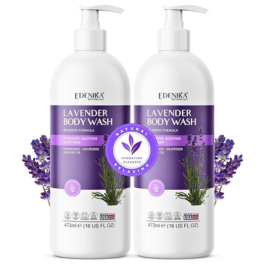 Edenika Lavender Body Wash with Vitamin E, Cleanses, Relaxes & Moisturizes, Stress Relief Shower Gel for Dry and Sensitive Skin, Women & Men, Organic & Natural, 16 fl oz, 2-Pack