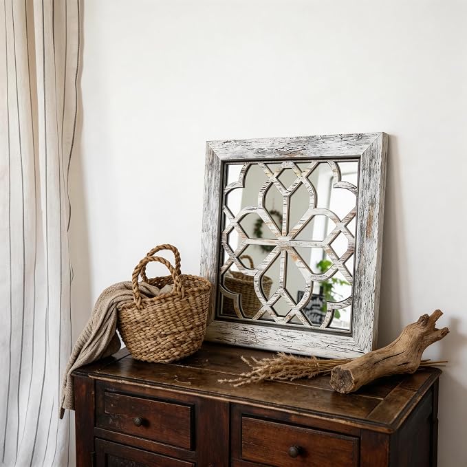 Set of 2 14 Inch Square Grey Window Pane Wall Mirrors, Shatterproof Rustic Farmhouse Boho Vintage Accent Mirrors for Living Room Bedroom Bathroom Entryway