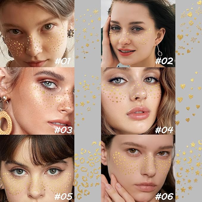 10 Sheets Glitter Freckle Tattoos, Gold Glitter Speckles Face Makeup, Eyes Makeup Accessories Temporary Tattoo for Women and Girls, Cosmetic Freckle for Face