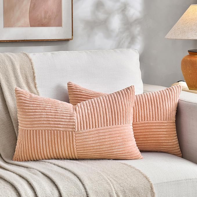 Fancy Homi Peach Lumbar Decorative Throw Pillow Covers 16x32 Inch for Living Room Couch Bed Sofa, Rustic Farmhouse Boho Home Decor, Soft Striped Corduroy Rectangle Accent Cushion Case 40x80 cm