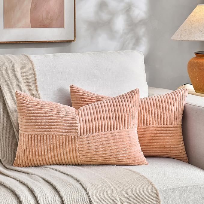 Fancy Homi Peach Lumbar Decorative Throw Pillow Covers 16x28 Inch for Living Room Couch Bed Sofa, Rustic Farmhouse Boho Home Decor, Soft Striped Corduroy Rectangle Accent Cushion Case 40x70 cm