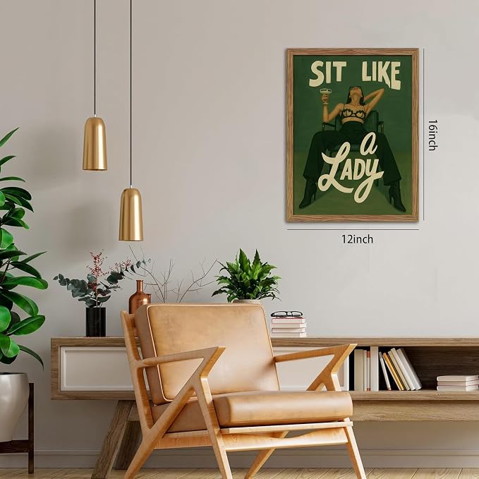 Framed Feminist Wall Art, Vintage Sit Like a Lady Green Wall Decor, Bold Girl Power Feminine Poster Print, Retro Empowering Female Canvas Painting Aesthetic for Bedroom Dorm 12x16 inch