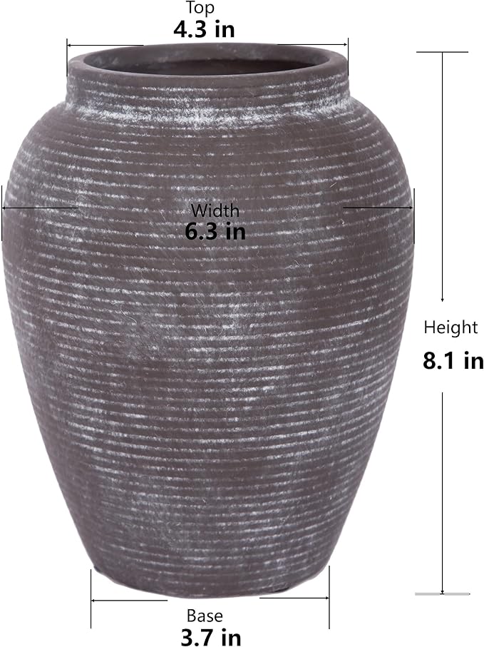 8.1" Brown Ceramic Vase for Flowers and Decor | Rustic ceramic vase in charcoal brown; small flower vase, watertight for fresh or dried stems, shelves, mantels and tables