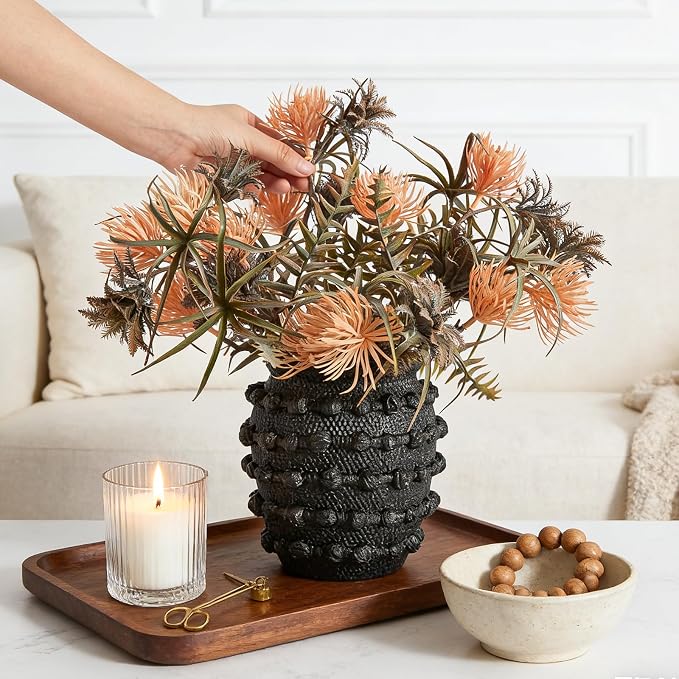 DN DECONATION Black Rustic Farmhouse Vase, 6.3" Flower Vase for Home Decor | Textured Boho Vase, Cement Decorative Flower Vases with Rope Knots for Living Room, Table Centerpiece, Shelf, Mantel Decor
