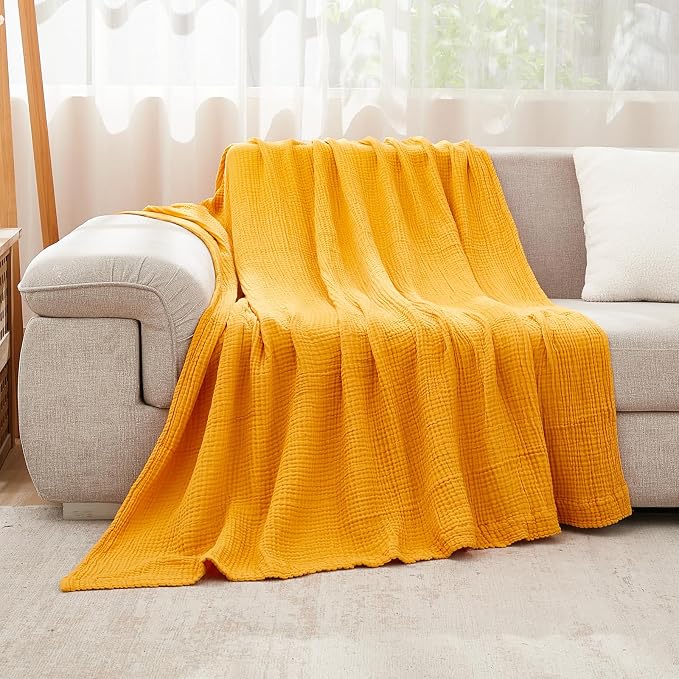 EMME Muslin Blankets for Adults Throw Blanket for Couch Breathable Gauze Soft Lightweight Airy Mustard Yellow Twin XL 66" x 90"