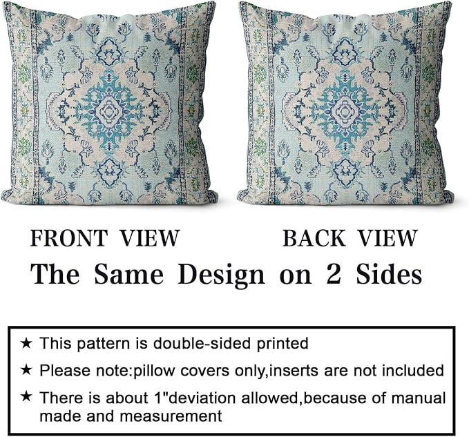 Snycler Boho Throw Pillow Covers 16x16 inch Set of 2 Teal Blue Boho Rug Carpet Double Sided Pattern Cotton Soft Pillow Case Cushion Cover Pillowcase for Couch Sofa Bed Decorative