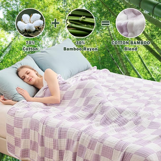 EMME Cooling Muslin Blanket for Adults - Checkered Lightweight Summer Cotton Throw Blankets of Rayon Derived from Bamboo for Hot Sleepers, Ultra Soft Breathable Gauze