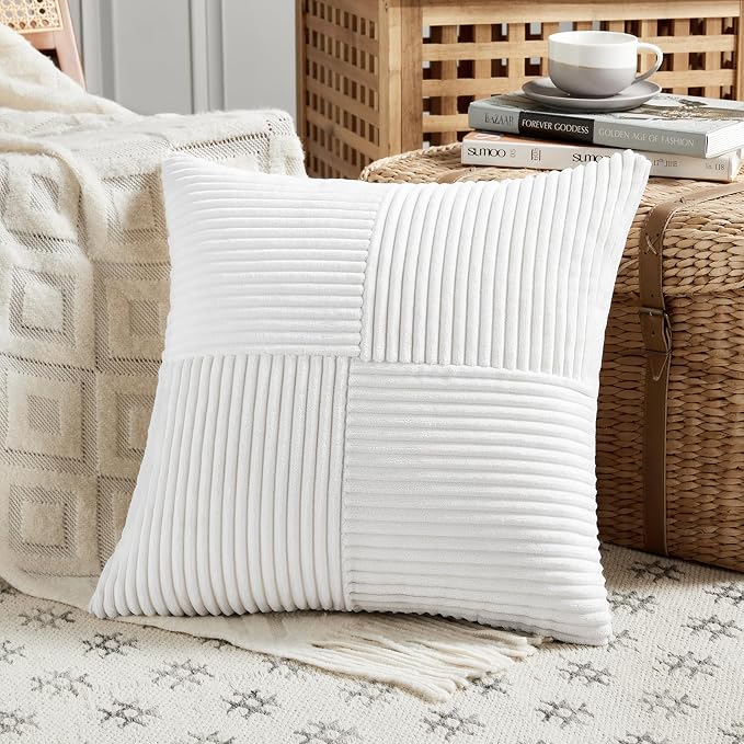 Fancy Homi White Euro Decorative Throw Pillow Covers 26x26 Inch for Living Room Couch Bed Sofa, Rustic Farmhouse Boho Home Decor, Soft Corss Corduroy Patchwork Textured Square Cushion Case 66x66 cm