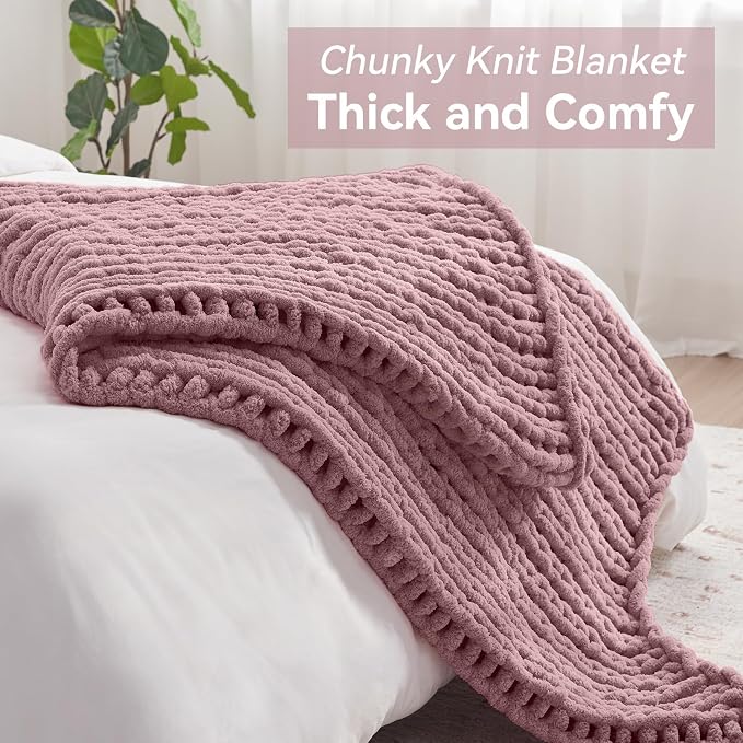Negwoo Chunky Knit Throw Blanket, Knitted Throw Chenille Yarn, 40"*50" | Soft Thick Cable Knitted Blankets, Handmade Big Thick Blanket, Machine Washable Cute Comfy Blanket for Home Decor, Muted pink
