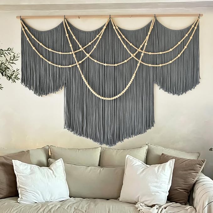 Large Macrame Wall Hanging Grey Boho Wall Art Beaded Decor 57"W*39"L | for Bedroom, Handwoven Cotton Art, Beaded Fiber Design, Textured Wall Accent, Sofa Backdrop Decor, Modern Home Decoration