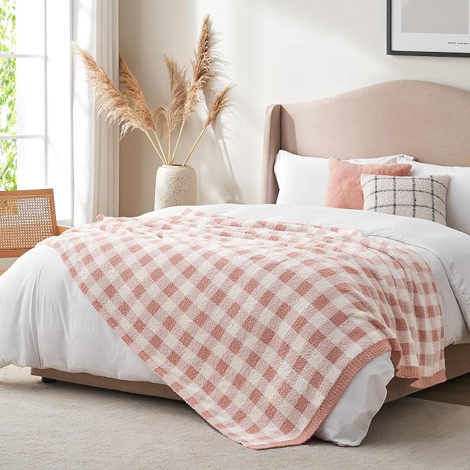 Snuggle Sac Buffalo Plaid Bedding Blanket Twin Size, Super Soft, Cozy Warm Knit Decorative Blankets, Reversible Plaid Fluffy Throws for Bed, Plaid Pink, 60x80 Inches