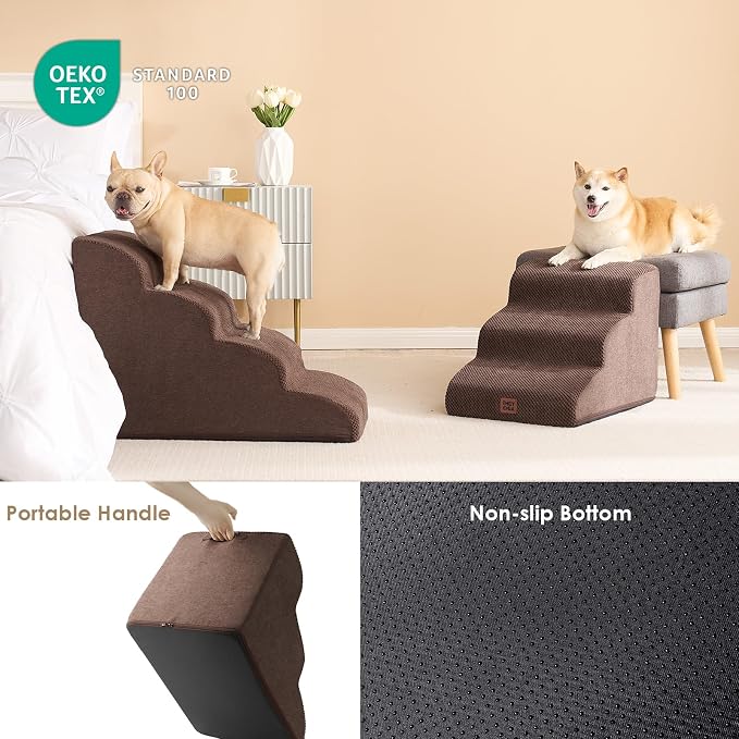 EHEYCIGA Curved Dog Stairs Ramp, 3-Step Dog Steps, 15.7" H Pet Step | 33D density of pure foam, for Small Dogs and Cats, Pet Stairs for High Bed Climbing, Non-Slip Balanced Indoor, Brown