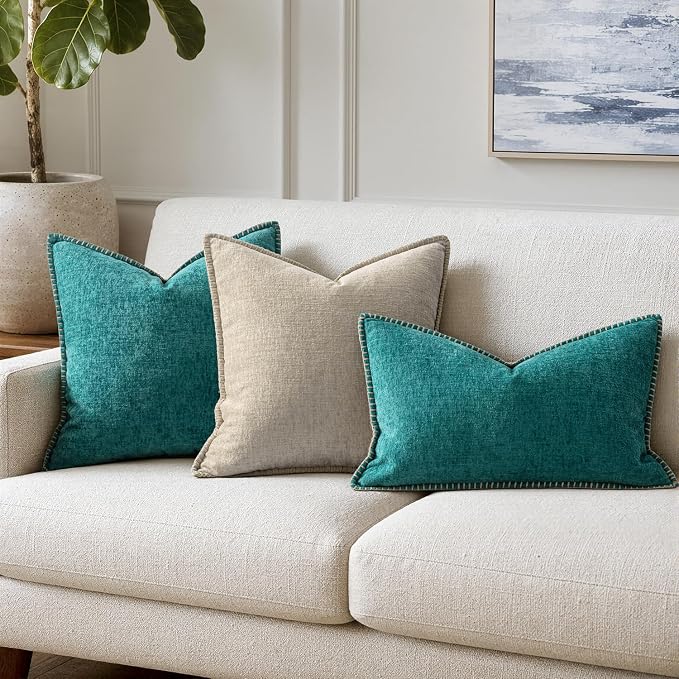 MIULEE Decorative Lumbar Throw Pillow Covers 12x20 Inch Teal 2 Pack | Farmhouse Pillow Covers with Stitched Edge, Soft Chenille Cushion Cases, for Couch Sofa Bed Living Room Home Decor