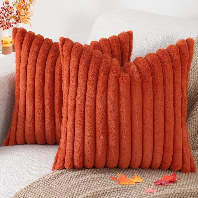 Pallene Faux Fur Fall Decorative Throw Pillow Covers 22x22 Set of 2, Rust | Luxury Plush Texture, Striped Design, Cozy Soft Touch, Modern Home Accent Decor for Couch, Sofa, Bed, Living Room