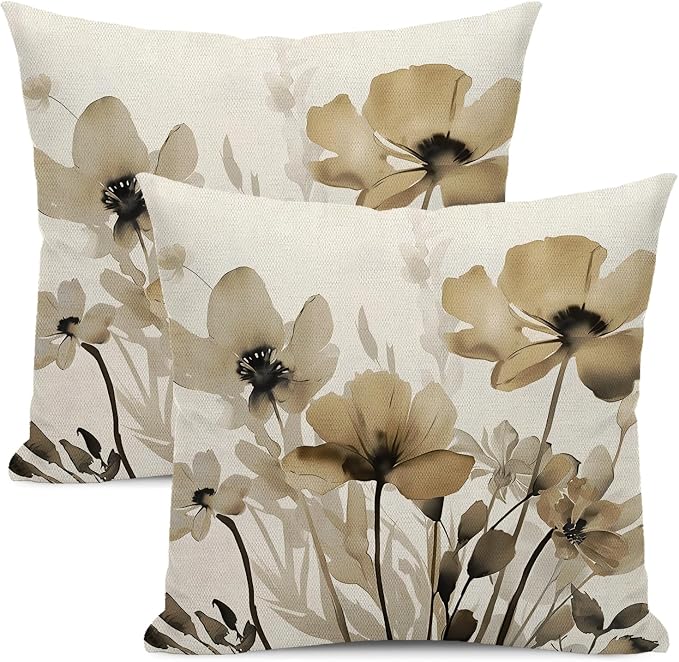 Spring Floral Pillow Covers 18x18 Inches Set of 2,Brown Floral Throw Pillow Covers Outdoor Summer Flower Decoration Pillowcase Farmhouse Decorative Square Linen Cushion Cover for Couch Sofa