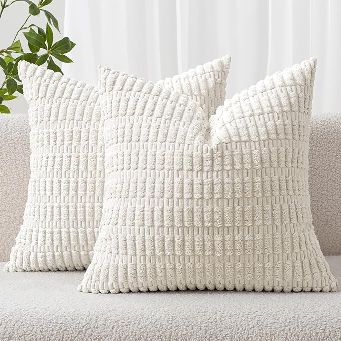 MIULEE Euro Sham Corduroy Decorative Throw Pillow Covers 24x24 Pure White | Pack of 2 Soft Boho Striped Pillow Covers Modern Farmhouse Home Decor For Sofa Living Room Couch Bed