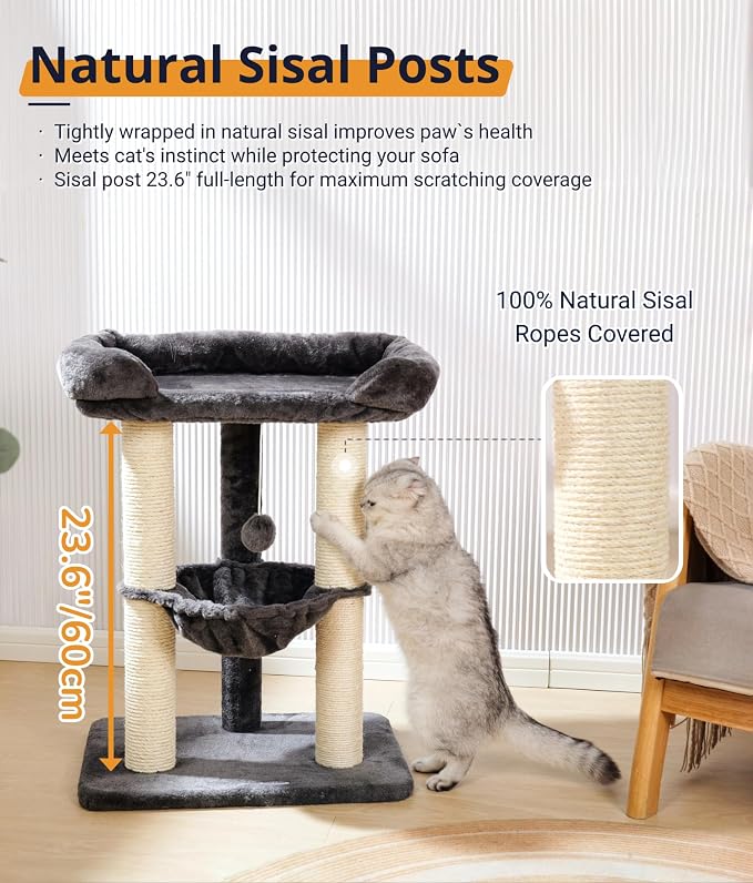 28" Cat Tree, Large Bed for Big Cats, Small Cat Tower with Soft Perch for Window Viewing, Stable Cat Tree Tower, Cat Scratching Post with Hammock, Removable Cover-Gray