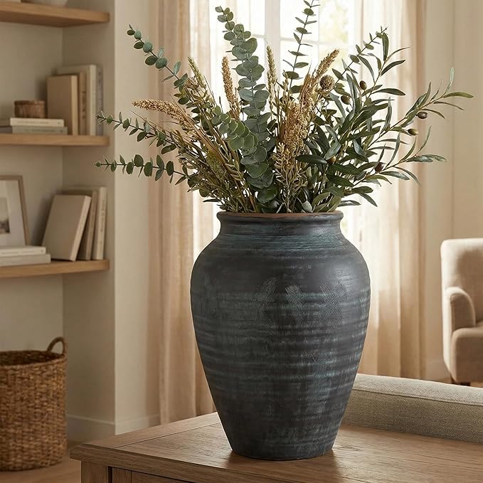 14.17" Blue Ceramic Vase, Rustic Farmhouse Living Room Home Decor | Artisan Handcrafted Large Ceramic Vase