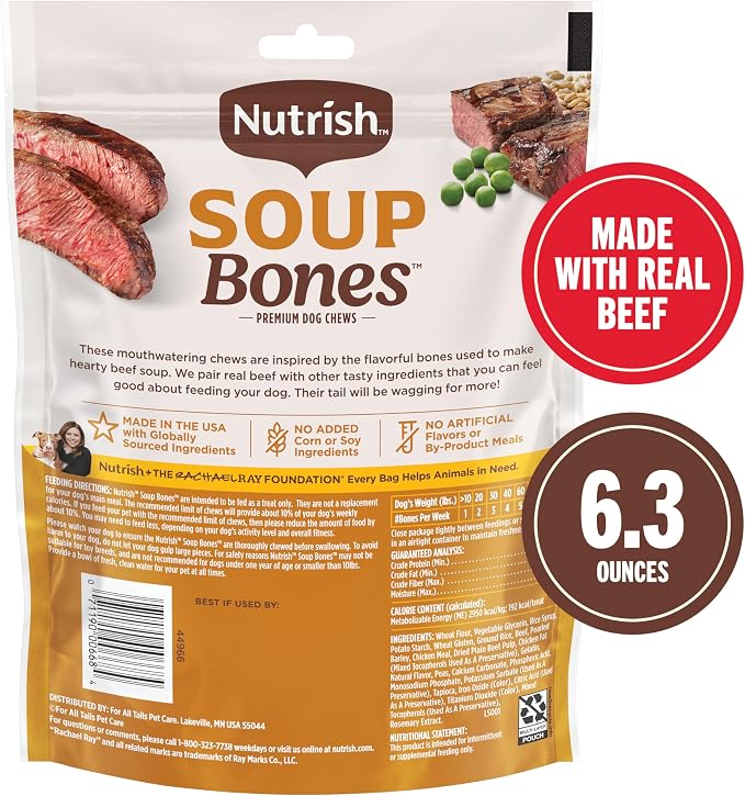 Nutrish Soup Bones Beef Dog Chews, 6.3 oz. Bag (24 Treats) (Rachael Ray) | Rawhide-Free, Contains No Artificial Flavors or By-Product Meals, Soft Texture, Easy on Gums, Resealable Bag (Pack of 8)