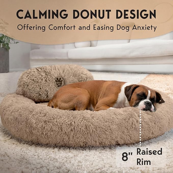 PetJett XL Dog Bed for Large Sized Dog - 45'' Extra Large Dog Bed, Washable Dog Bed - Anti-Slip Super Soft Round Donut Bed, Fluffy Faux Fur Anti-Anxiety Premium Comfort Pet Bed, Fits Dogs upto 120 lbs