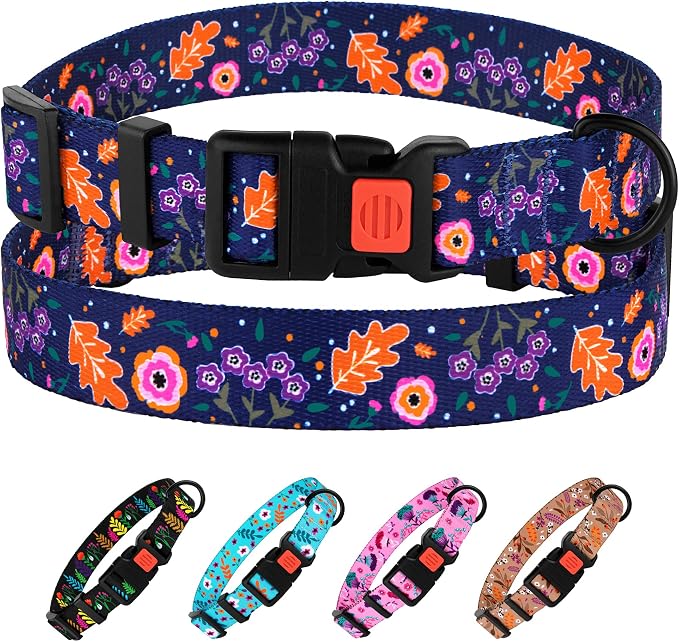 Nylon Dog Collar Floral Pattern Navy Blue 12-16 inch
