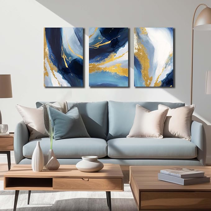 DNIEOTU Abstract Canvas Wall Art for Living Room, Blue and Gold Picture Prints Wall-Decor for Bedroom, Size 16 x 24 Inches 3-Pieces