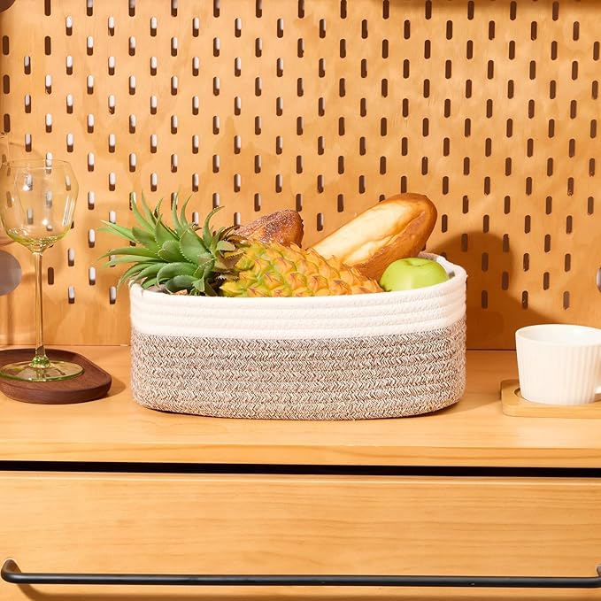 MiniArk Small Storage Baskets for Organizing | Closet Organizer Bins | Shelf Toy Basket | Woven Rope Baskets | Cube Decorative Box | Shallow Basket | 11.5x7.5x4.7” | 3 Packs White Brown