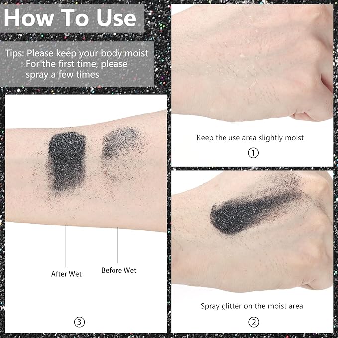 Etercycle Glitter Body Spray, Black Face Glitter for Women, Long-Lasting and Quick-Drying Shimmering Powder Extra Fine Glitter for Highlighter Makeup Festival Party Concert Rave Accessories