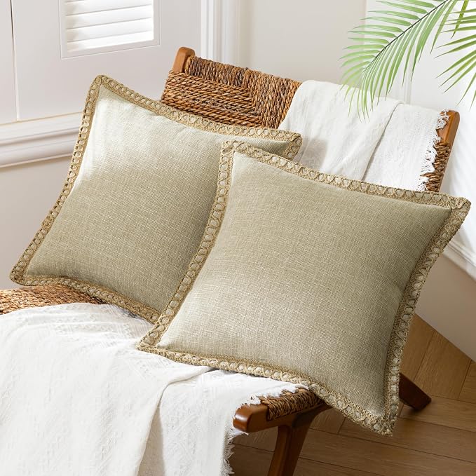 Phantoscope Pack of 2 Farmhouse Decorative Solid Throw Decorative Pillow Cover Burlap Linen Trimmed Tailored Edges, Oatmeal 26 x 26 inches 65 x 65 cm