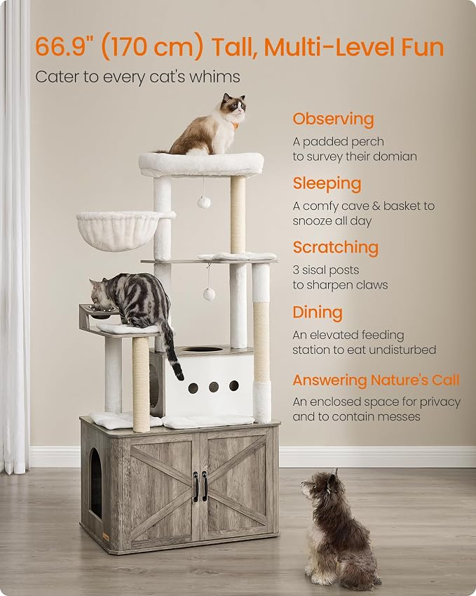 Feandrea Cat Tree, 66.9-Inch Cat Tower with Litter Box Enclosure, Large Condo with Food Station, Storage, Scratching Posts, Cave, Hammock, Washable Cushions, Heather Greige UPCT169K02 | Large Condo with Food Station, Storage, Scratching Posts, Cave, Ha...