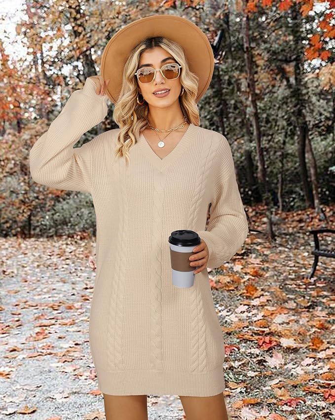 Women's Pullovers Jumper Sweaters Lantern Sleeve Casual V Neck Fall Knit Mini Sweater Dresses