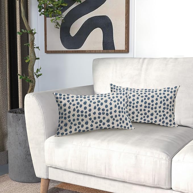 Dusty Blue Cream Pillow Covers 12x20 Set of 2 Boho Design Polka Dot Throw Pillows Modern Brush Strokes Print Decorative Outdoor Pillowcase Lumbar Cushion Cover Linen Pillow Case for Sofa Couch Bed