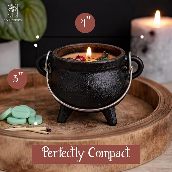 Reusable 4-Inch Cast Iron Cauldron Candle with Lid and Hanging Handle | Ritual & Aromatherapy Candle for Spell Casting, Smudging, Home Cleansing | Herb-Infused with Essential Oils (Eucalyptus)