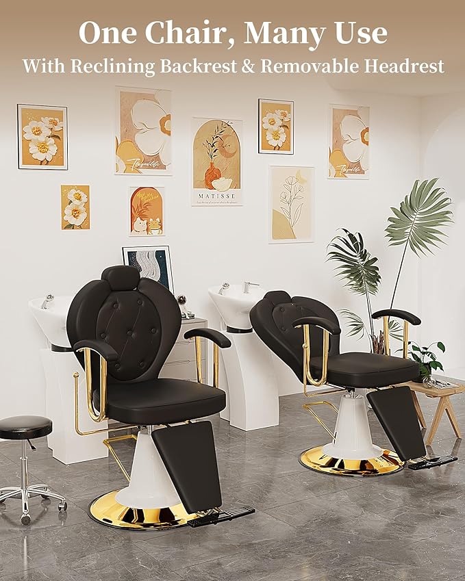 Baasha Comfortable Black & Gold Reclining Salon Chair - 165° All Purpose Hydraulic Barber Chair with Removable Headrest - Heavy Duty Styling Chair for Lash, Facial, Tattoo & Shaving - 440 lbs Cap.