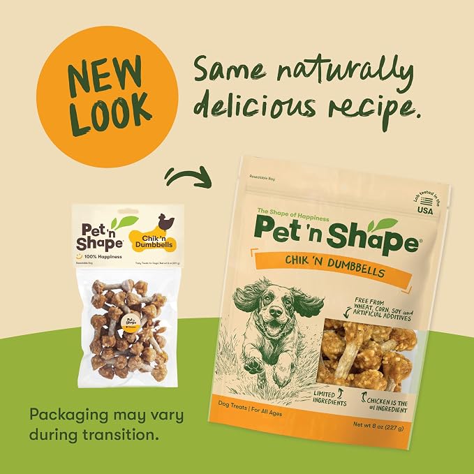 Pet 'n Shape Chik 'n Rice Dumbbells Dog Treats - 8 Ounce | Premium chicken breast, Rice recipe, Limited ingredients, Wheat and soy free, Bite-sized snack, For all life stages