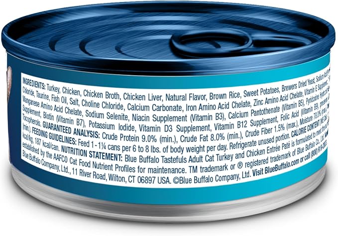Blue Buffalo Tastefuls Wet Cat Food Paté,Made with Natural Ingredients,Turkey and Chicken Entrée,5.5-oz Cans,(Pack of 48)