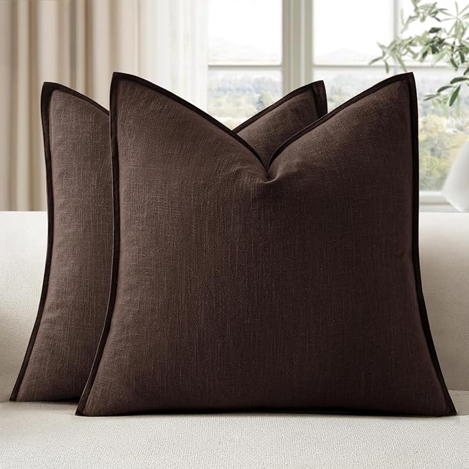 EMEMA Euro Sham Decorative Linen Throw Pillow Covers 24x24 Inch Dark Brown | Boho Farmhouse Neutral Couch Throw Pillows for Bed Pack of 2 Accent Pillowcase Modern Sofa Cushion Livingroom Home Decor