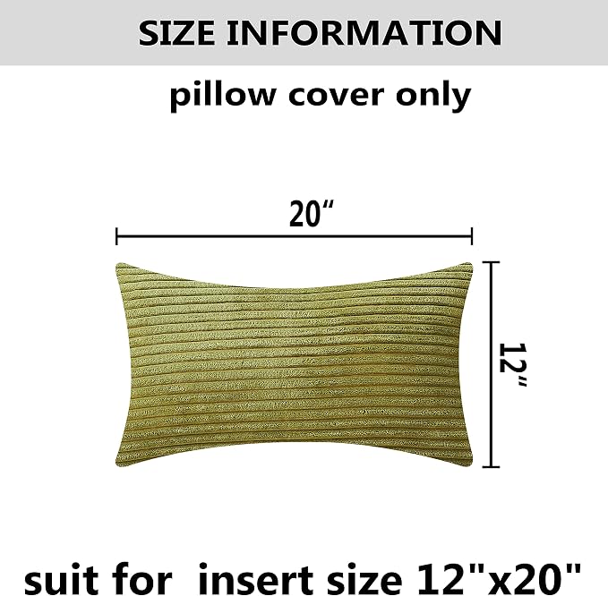 Home Brilliant Rectangle Pillow Cover 12x20 Striped Corduroy Solid Cushion Cover Throw Oblong Pillow Case for Sofa Kids Toddler Summer Decor, 12 x 20, Grass Green