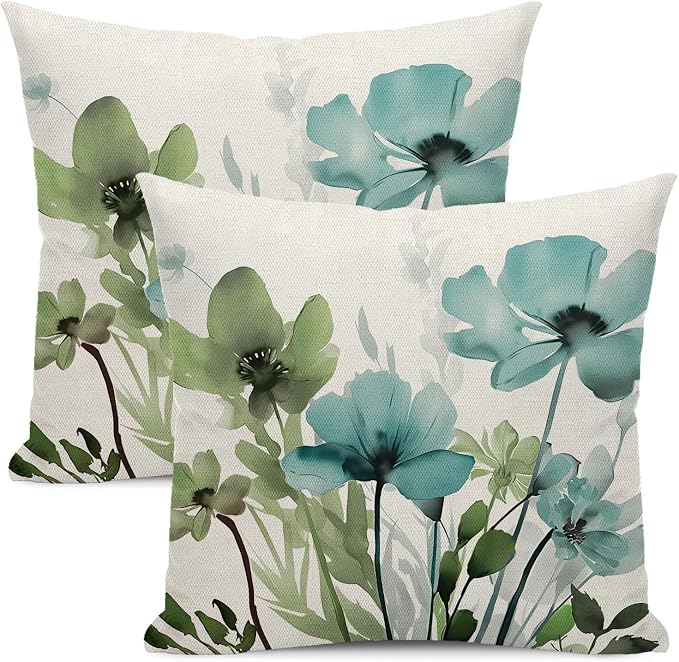 Spring Floral Pillow Covers 18x18 Inches Set of 2 Sage Green Teal Floral Throw Pillow Cover Outdoor Summer Flower Decoration Pillowcase Farmhouse Decorative Linen Cushion Cover for Couch Sofa