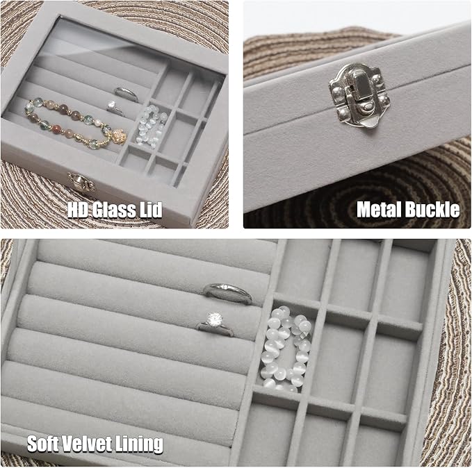 Small Velvet Jewelry Tray with Clear Lid, 2-in-1 Gray | Lockable Ring Earring Holder Organizer Storage Box Case Jewelry Box Organizer for Rings Earrings Bracelets Brooches
