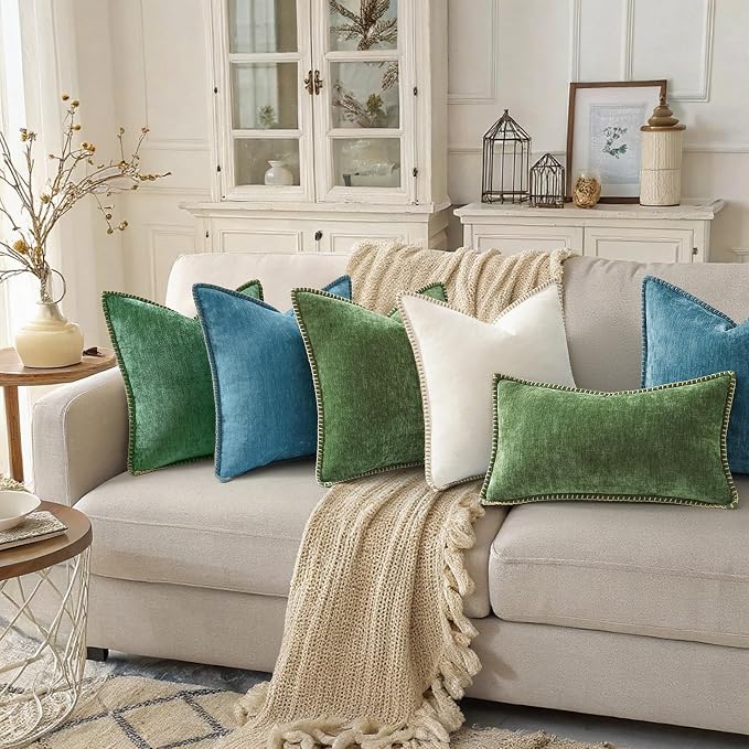 decorUhome Soft Chenille Throw Pillow Covers 26x26 Set of 2 Teal | Fall Textured Decorative Throw Pillow Cases Stitched Edge Modern Farmhouse Luxury Boho Velvet for Couch Sofa Bed Home Decor