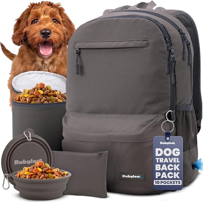 Rubyloo Dog Travel Backpack for Supplies - Dog Diaper Bag with Travel Bowls