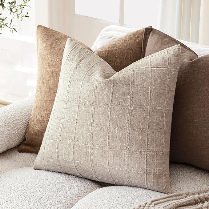 Foindtower Set of 2 Decorative Linen Check Throw Pillow Covers Neutral Farmhouse Vintage Cushion Covers Modern Boho Home Decor for Sofa Chair Couch Bedroom Living Room,18×18 Inch,Natural Linen